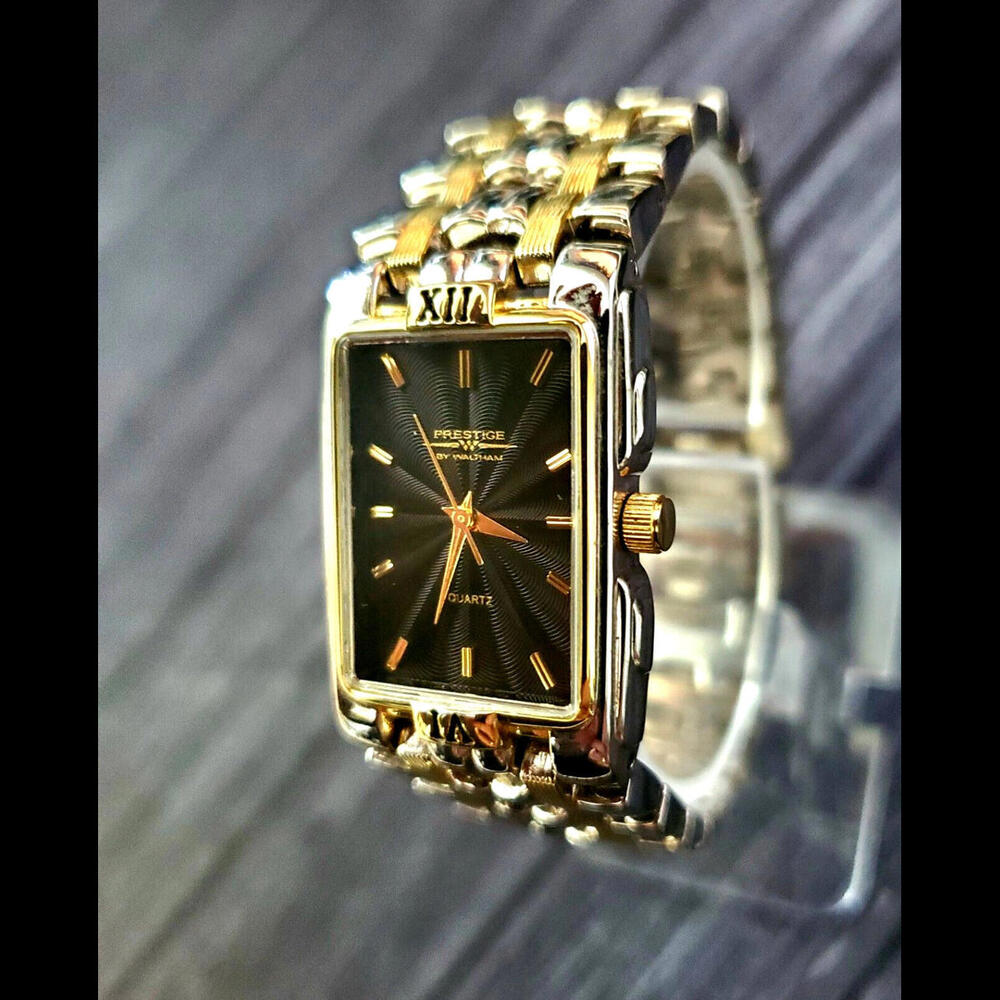 Retro Vintage WALTHAM 2tone 80s Black Burst Dial Men's Watch